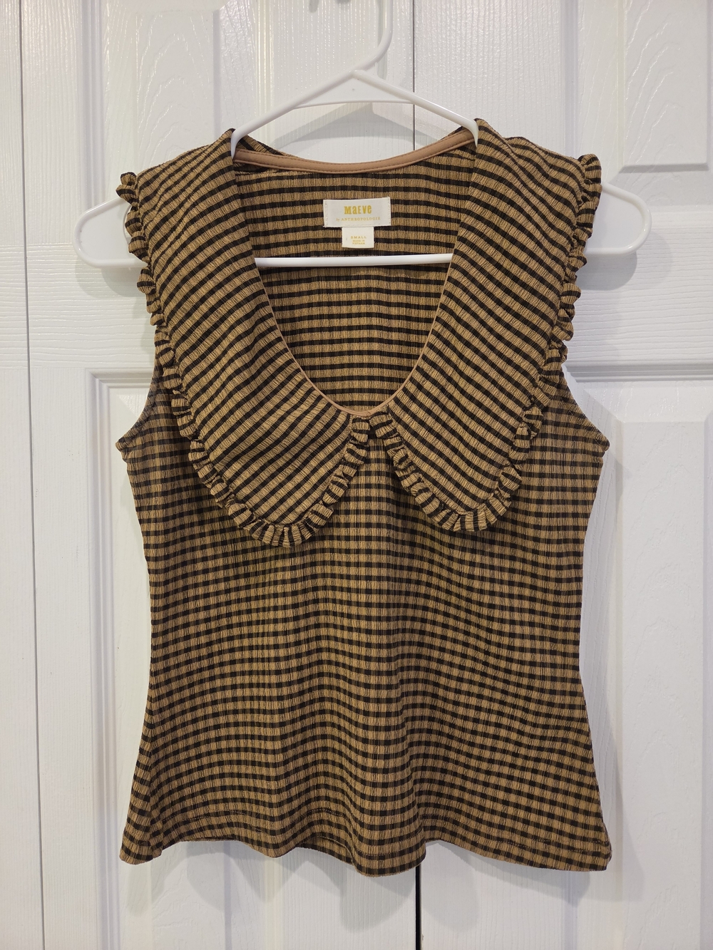 Anthropologie Maeve Brown Gingham Ruffle Collar Tank Top